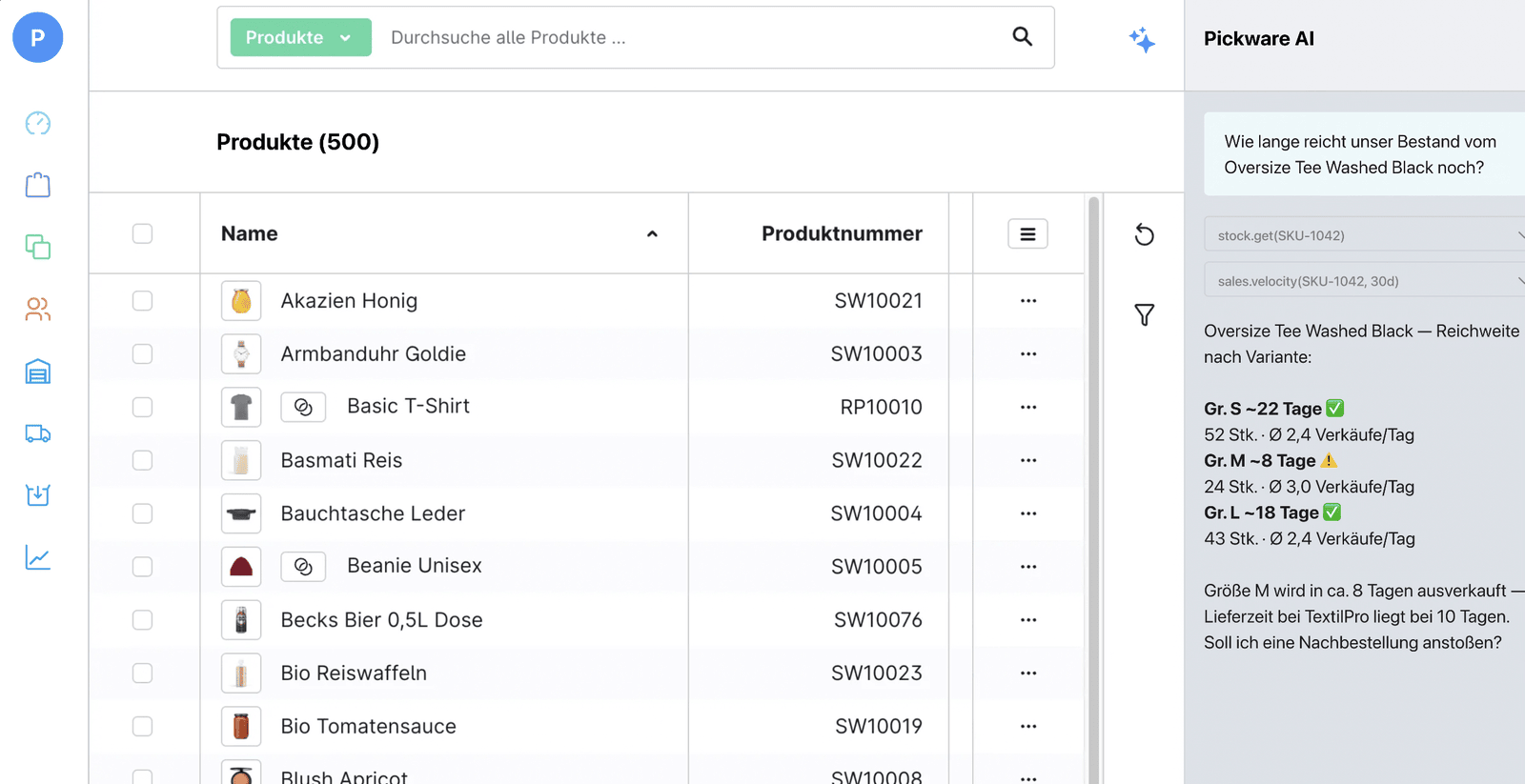 Pickware AI chat answers a stock question in the administration
