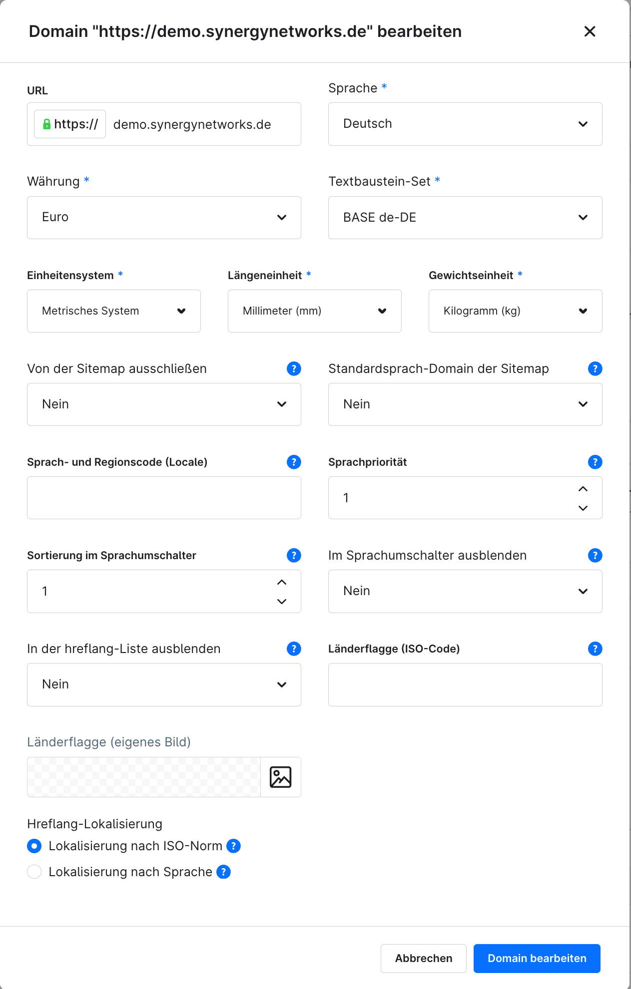 Domain settings of the plugin: language and region code, x-default, sorting in the language switcher and custom country flags